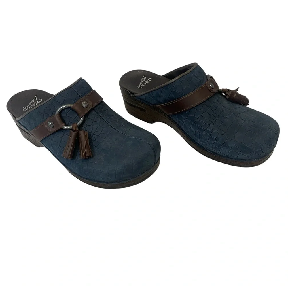 Dansko Shandi Snakeskin Blue Leather Slip-On Clogs - Picture 10 of 10